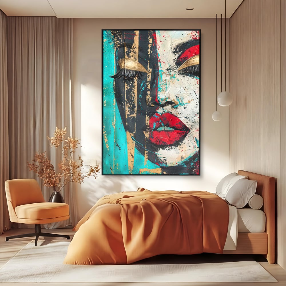 Tablou canvas cu tablou canvas cu portret avangardist, in rama de aluminiu negru, pe perete intr-un dormitor